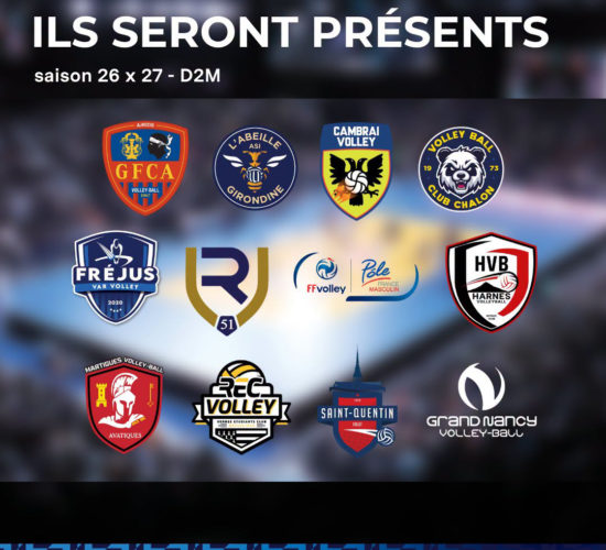 visuel de la Ligue de volley avec les logos de l'ensemble des clubs qui évolueront en D2M pour la saison 26-27