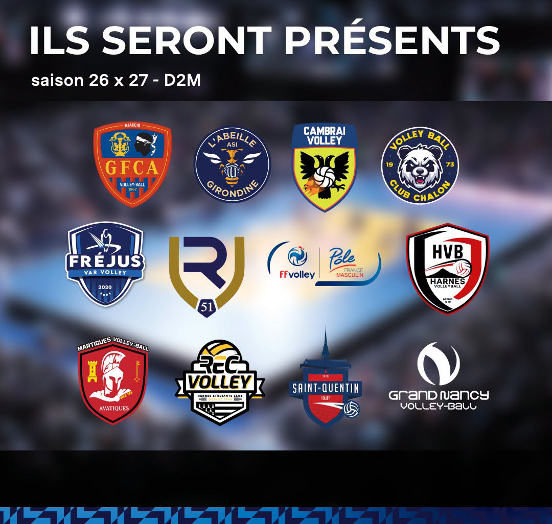 visuel de la Ligue de volley avec les logos de l'ensemble des clubs qui évolueront en D2M pour la saison 26-27
