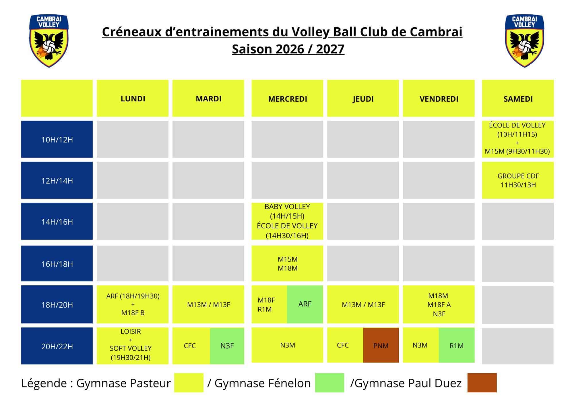 planning entrainement cambrai volley section jeunes et amateur 2026-2027